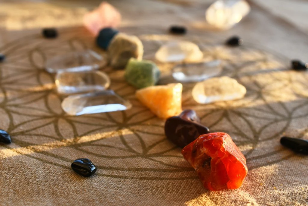 Different kinds of crystals placed on a crystal grid