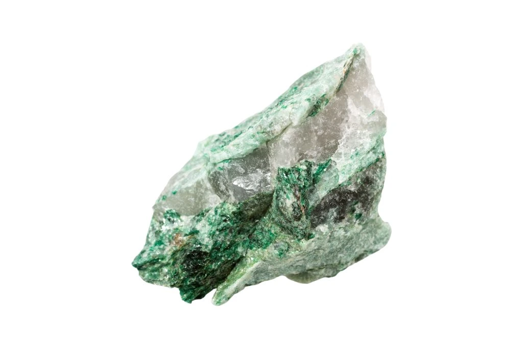 Fuchsite green crystal on white background