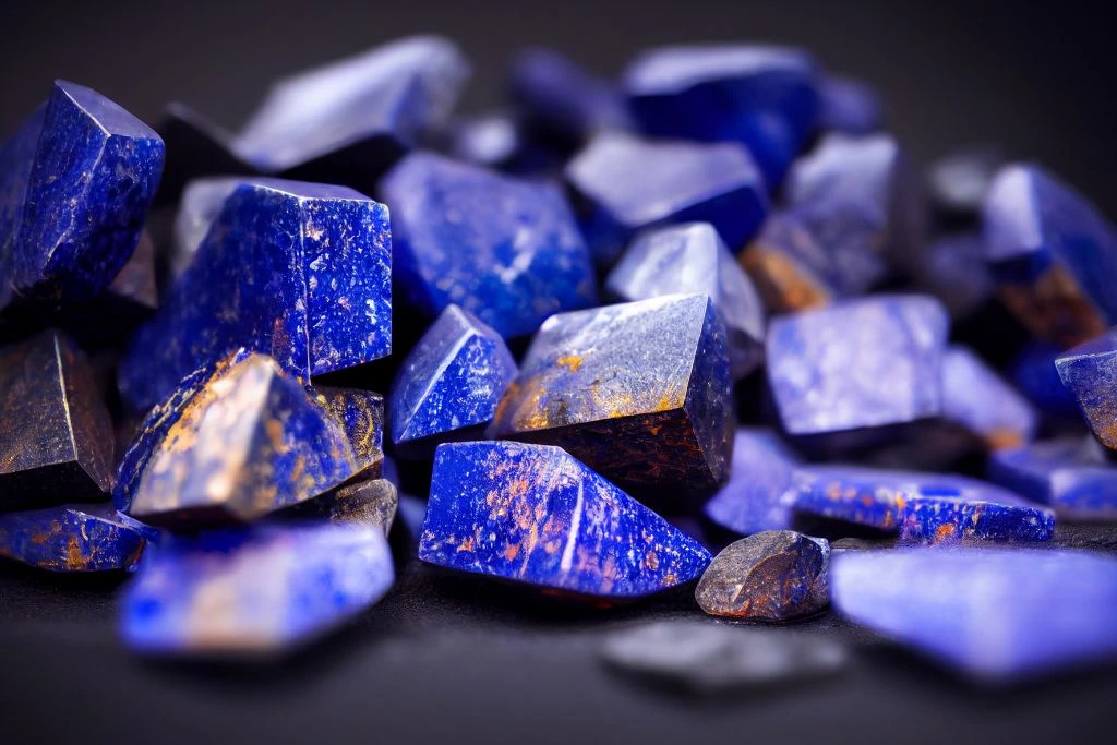 Different cuts of lapis lazuli crystals on a dark background