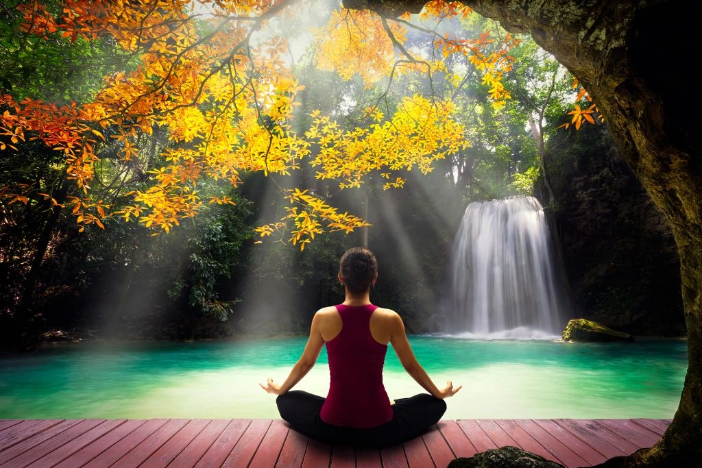 A woman sitting on a wooden pathway in nature