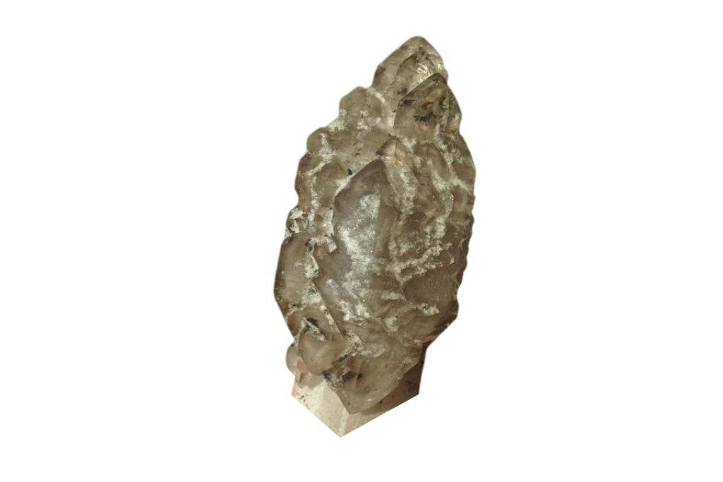 elestial shape smoky quartz crystal on a white background