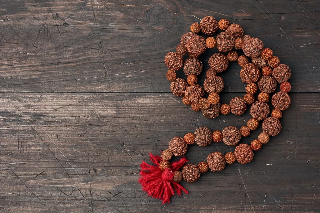 A rudraksha prayer beads on the table