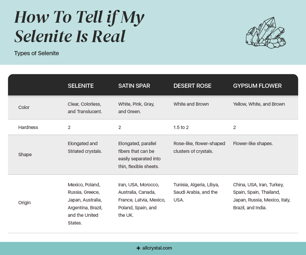 A graphic table for the characteristics of the different types of selenite