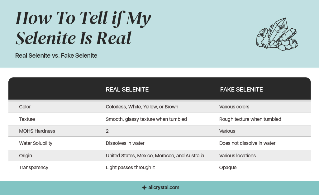A graphic table for the characteristics of Real Selenite vs Fake Selenite