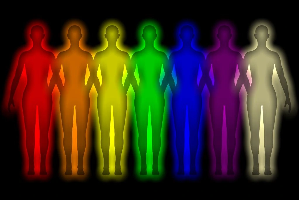 Different colors of human auras on a black background
