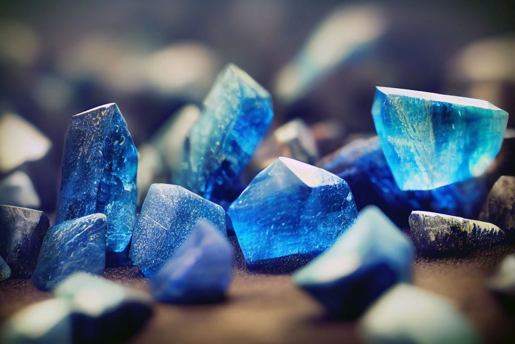 Different cuts of kyanite crystal on the ground