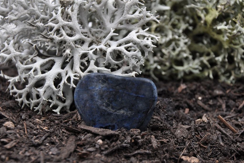 A polished Dumortierite crystal on the soil