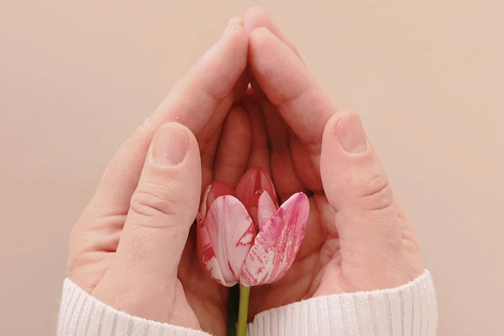 A persons hand is covering the blooming flower