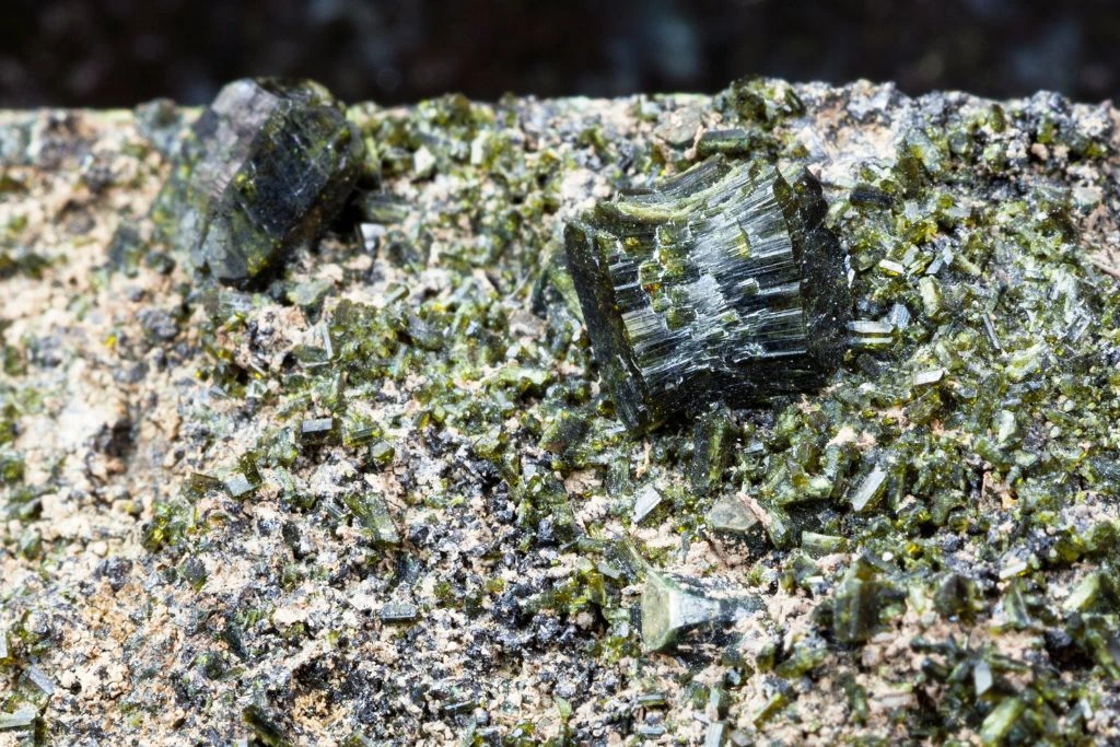 Epidote crystals on a rock