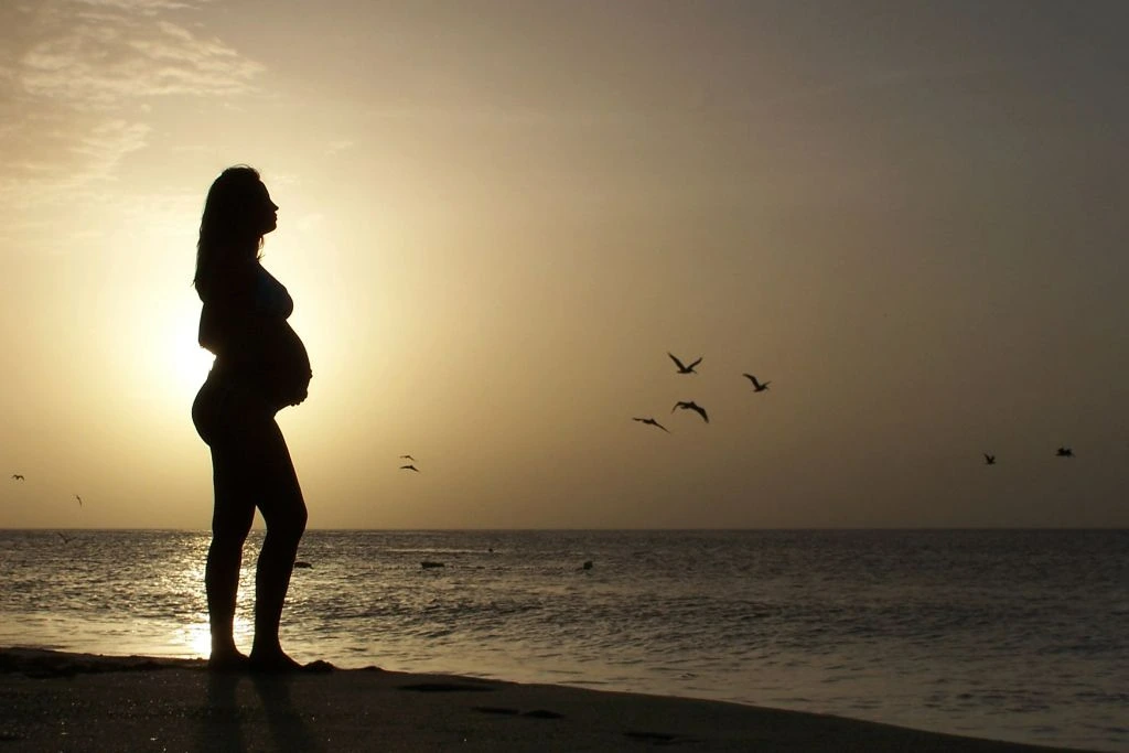 A pregnant woman holding her belly while watching the beach sunset
