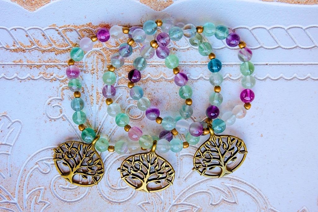 three natural Fluorite crystal beads with a tree pendant