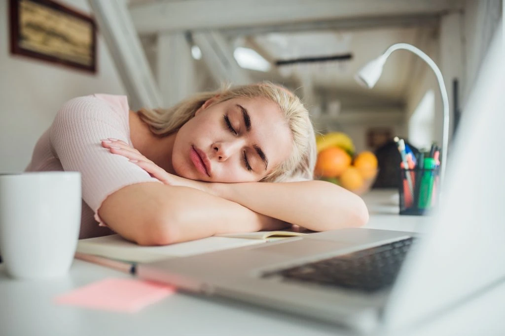 A woman sleeping at her desk in front of her laptop