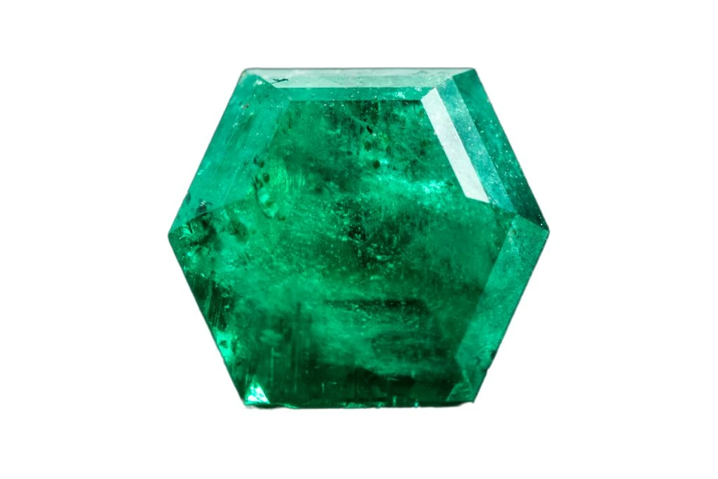 Hexagonal emerald on a white background