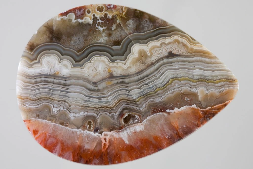 A cross section of a Mexican Lace Agate known as crazy lace agate