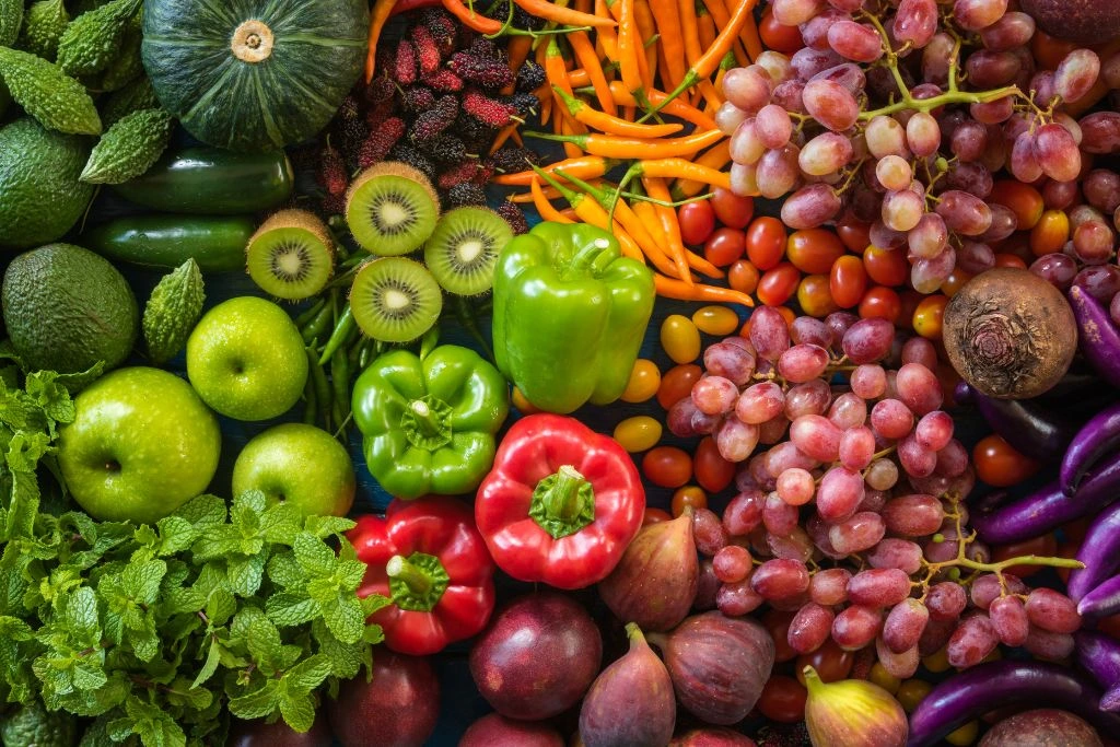 Different kinds of fresh fruits and vegetables