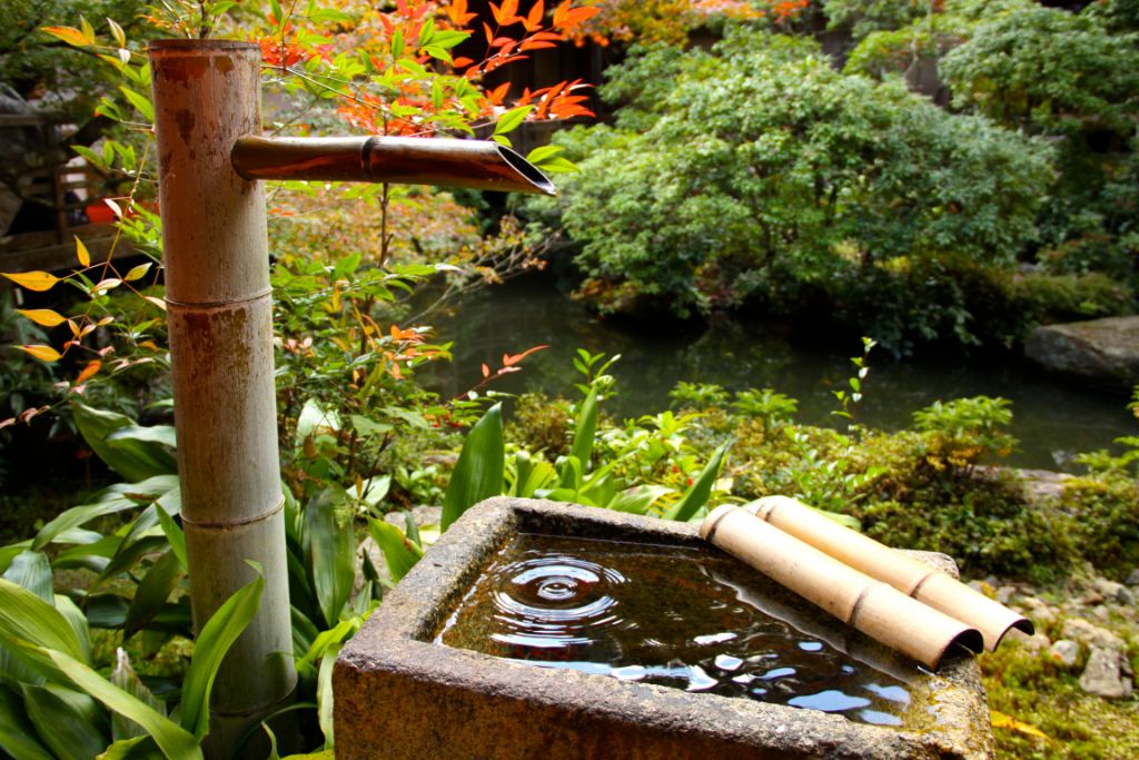 A zen garden with a pond