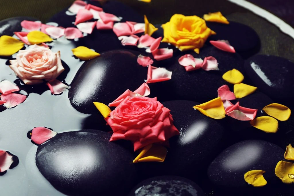 Stones and petals cleansed in a bowl of water