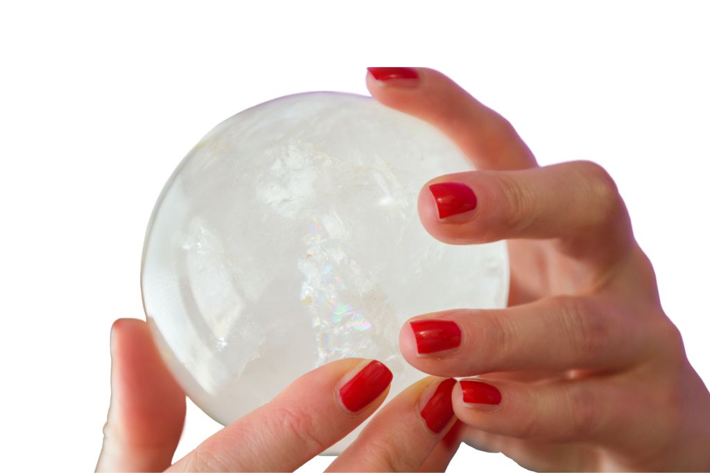 convex selenite held by a hand picture with a white background