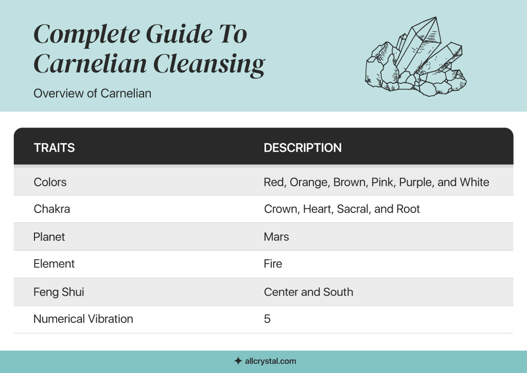 graphic designed table explaining the traits and description for Carnelian Crystal