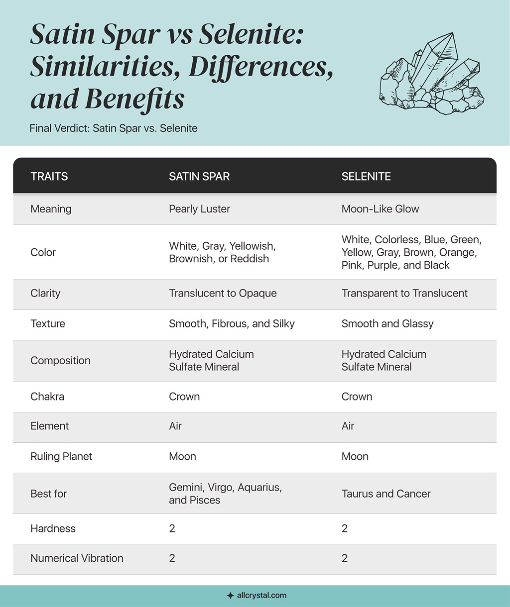 A graphic table for the comparison of Satin Par vs Selenite