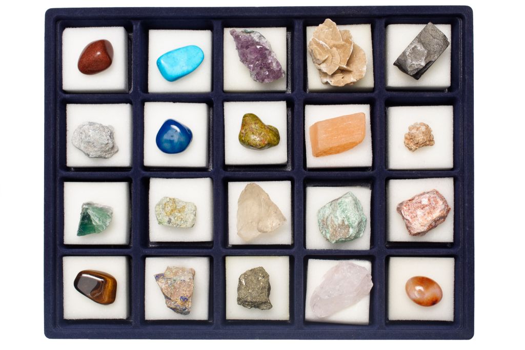 A crystal collection on a jewelry box