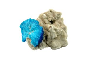 A Cavansite crystal on a white background