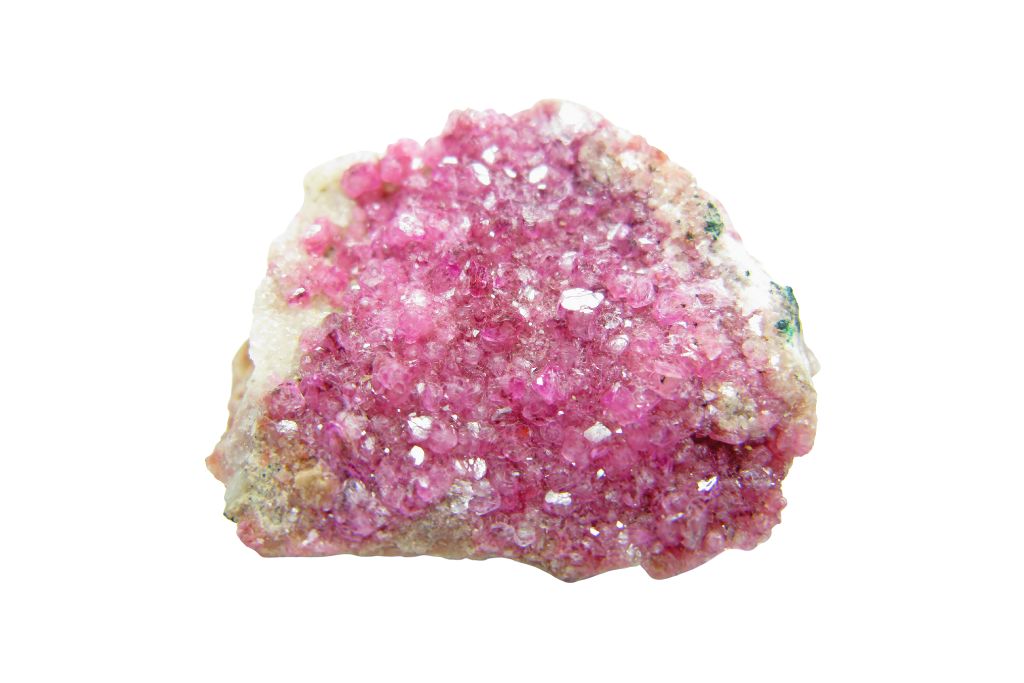 A raw creedite crystal on a white background