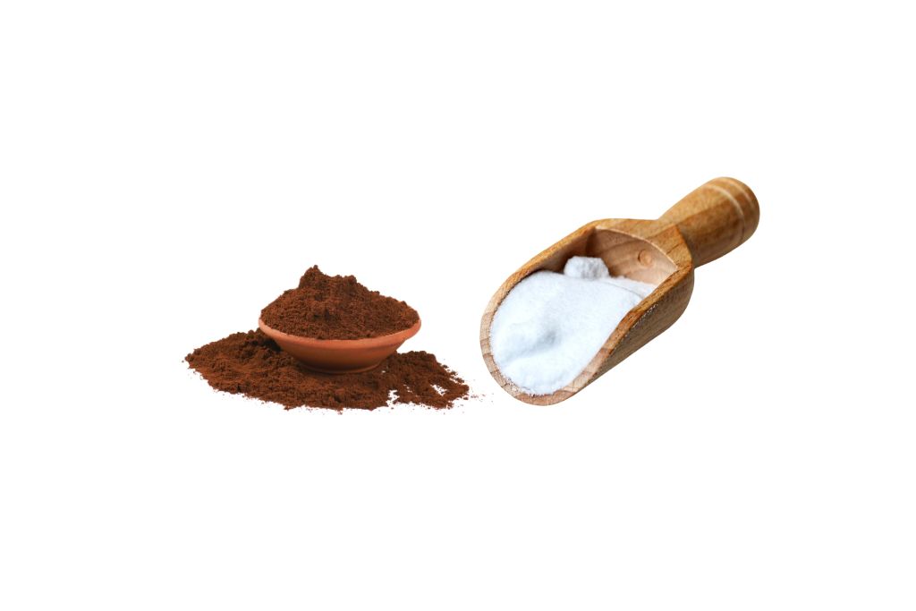 A saucer of coffee grounds and a scoop of baking soda on a white background