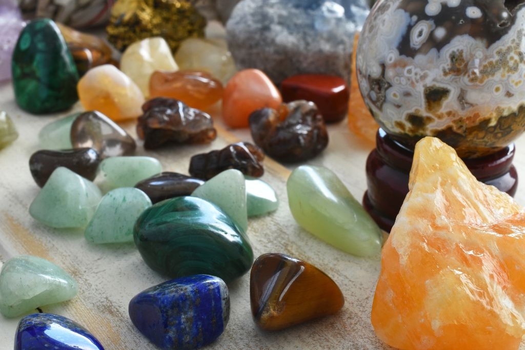 A crystal collection on a white cloth