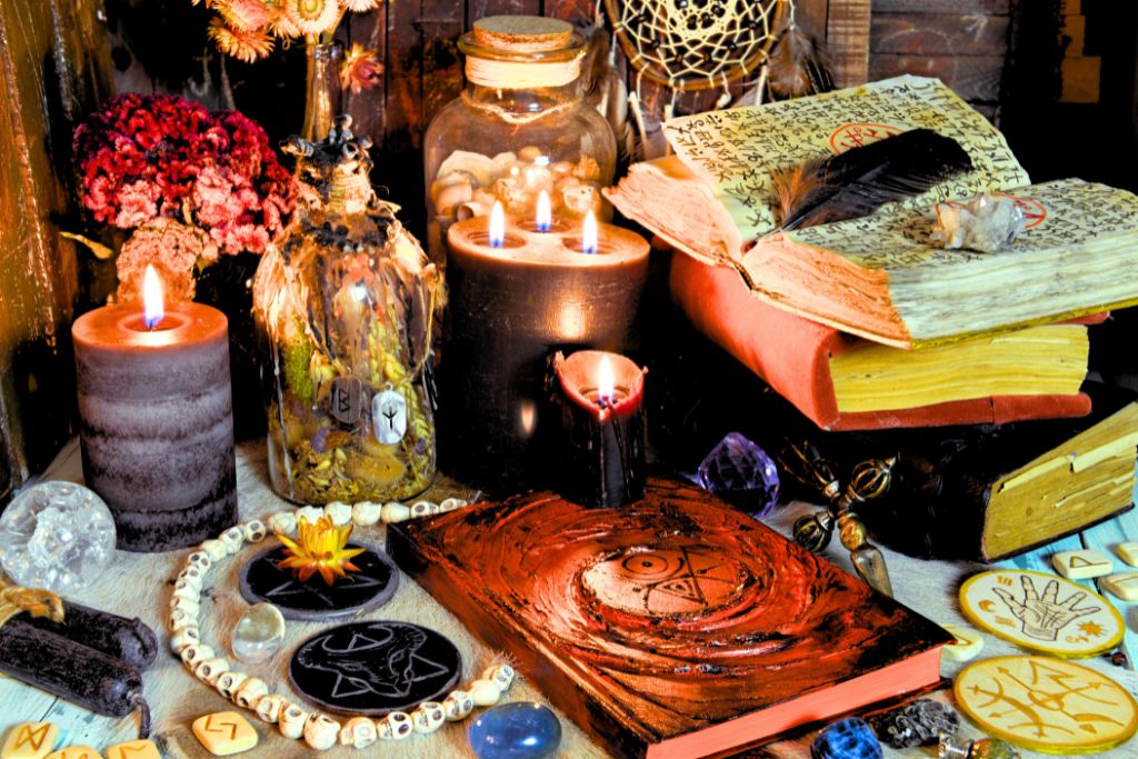 divination tools are arranged and ready to use for the ritual