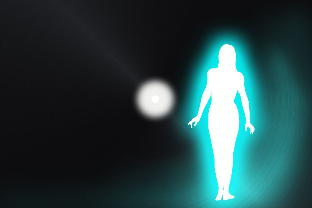 A glowing silhouette of a woman beside a radiating circle in the center