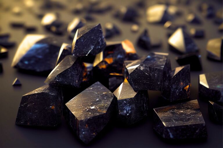 Obsidian crystals are positioned closely together and stacked on top of each other