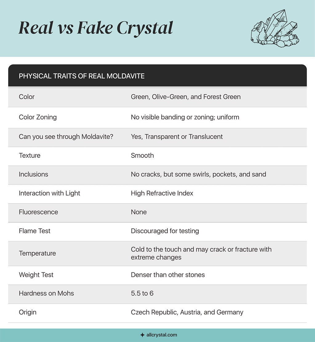 a graphic table for the physical traits of a real moldavite