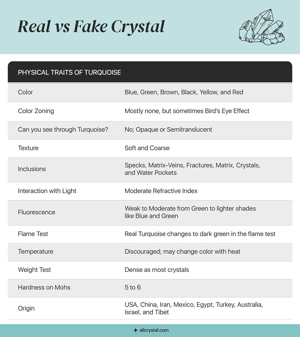 a graphic table for the physical traits of a real turqoise