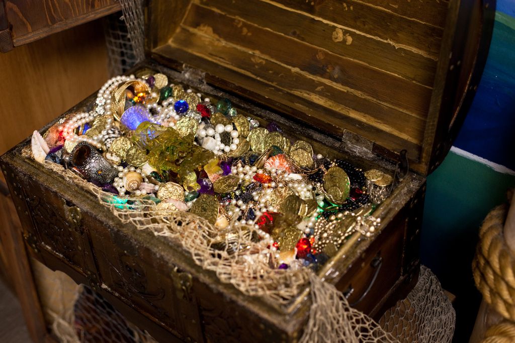 A treasure chest that is full of jewelries and coins