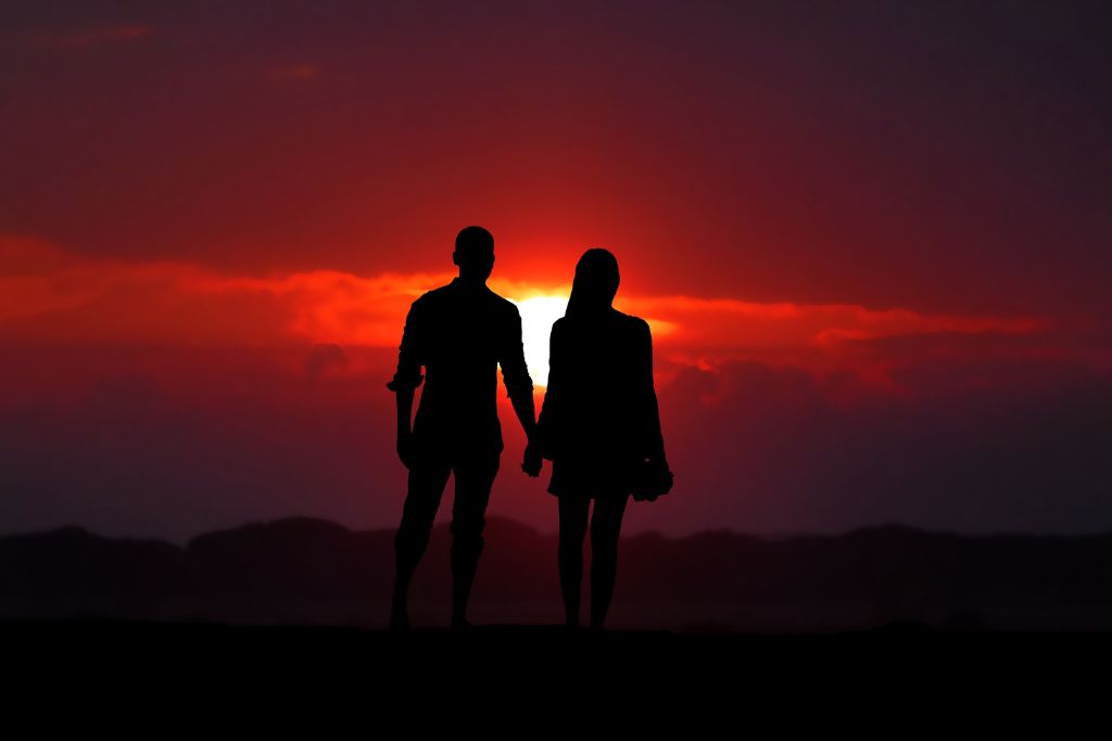 a silhouette picture of a couple holding hands while watching the sunset