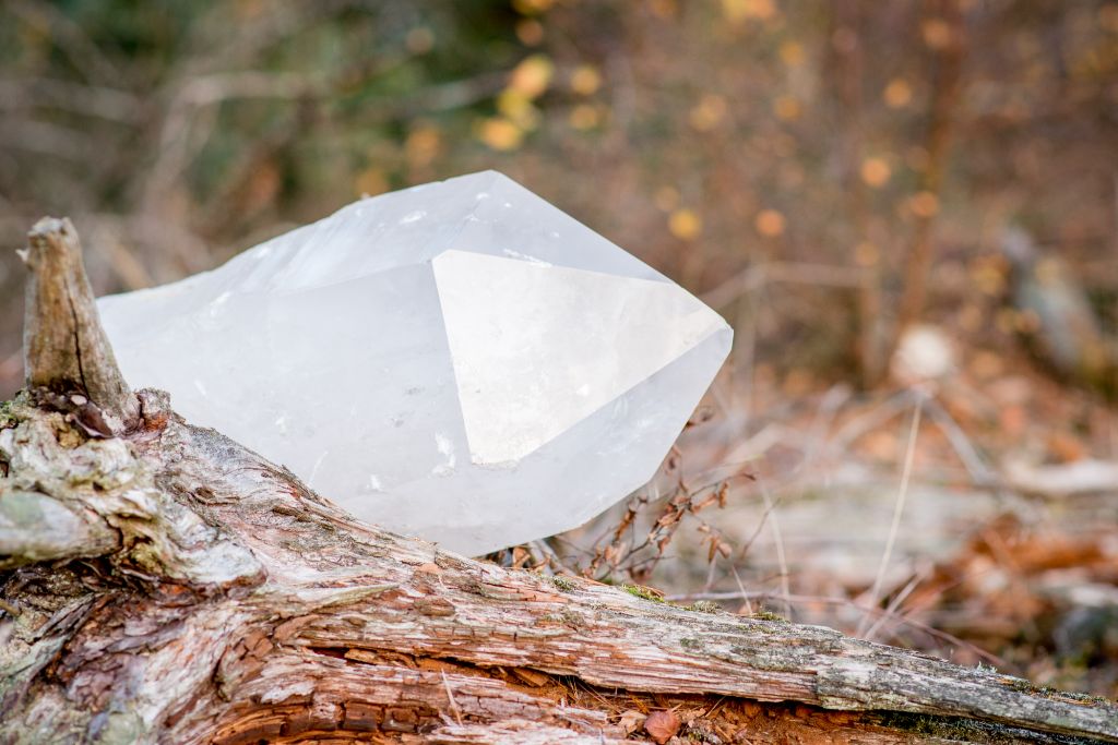 milk quartz placed on top of drift wood with nature background