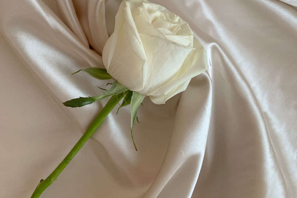 A White Rose placed on a white silky textile