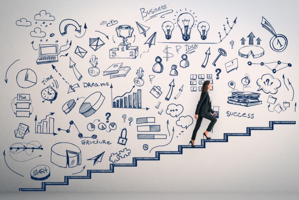 A corporate woman walking on a stair