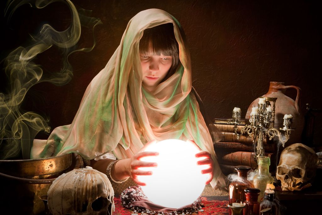 A woman scrying a crystal ball