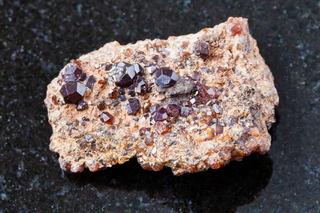 Andradite Garnet (Melanite) on a black granite