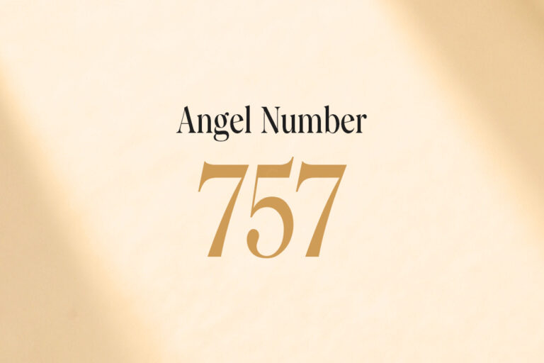 angel number 757 written on a beige background