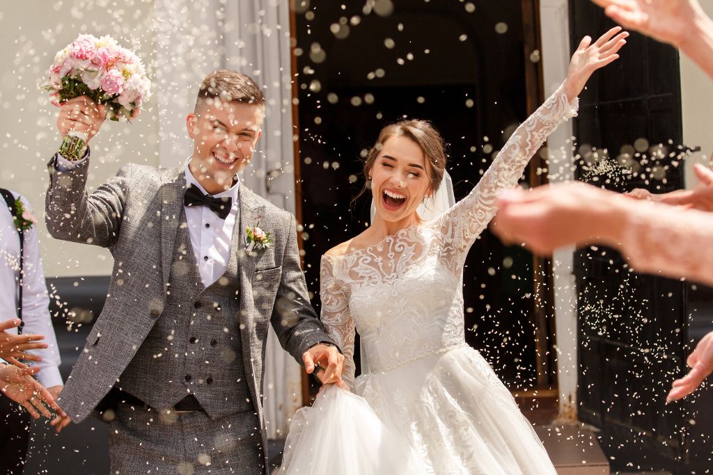 A happy bride and groom celebrating their wedding