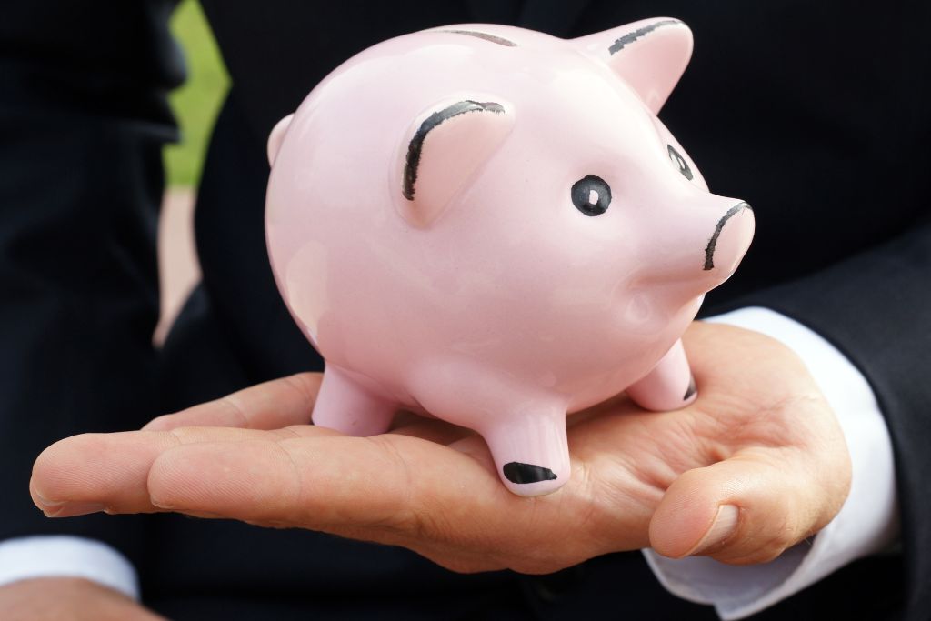model wearing a business suit and holding a small piggy bank on his left hand