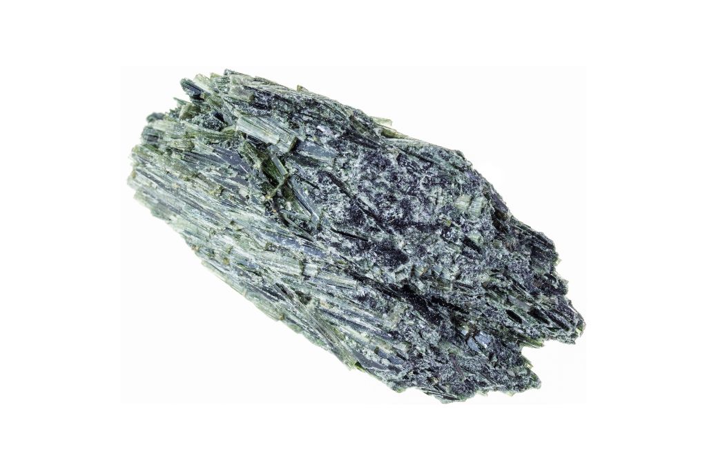 A raw Actinolite crystal on a white background