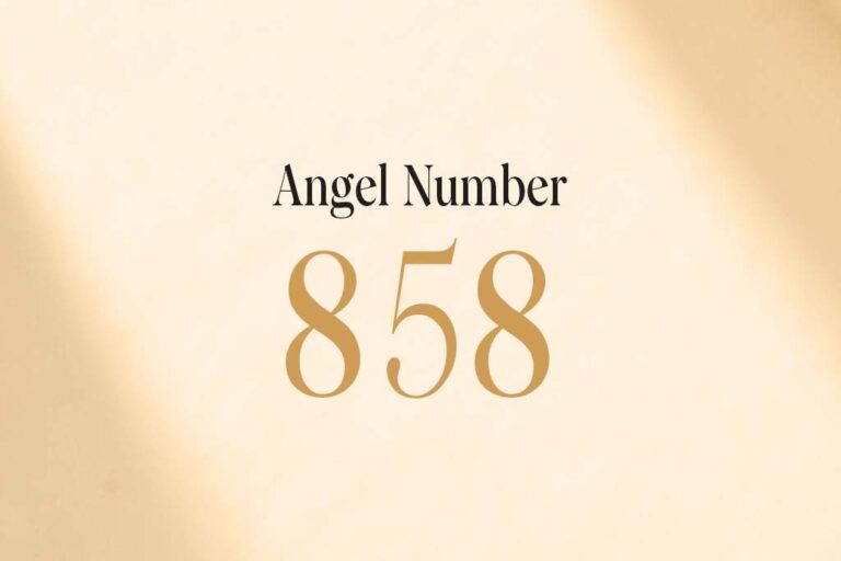 angel number 858 written on a beige background