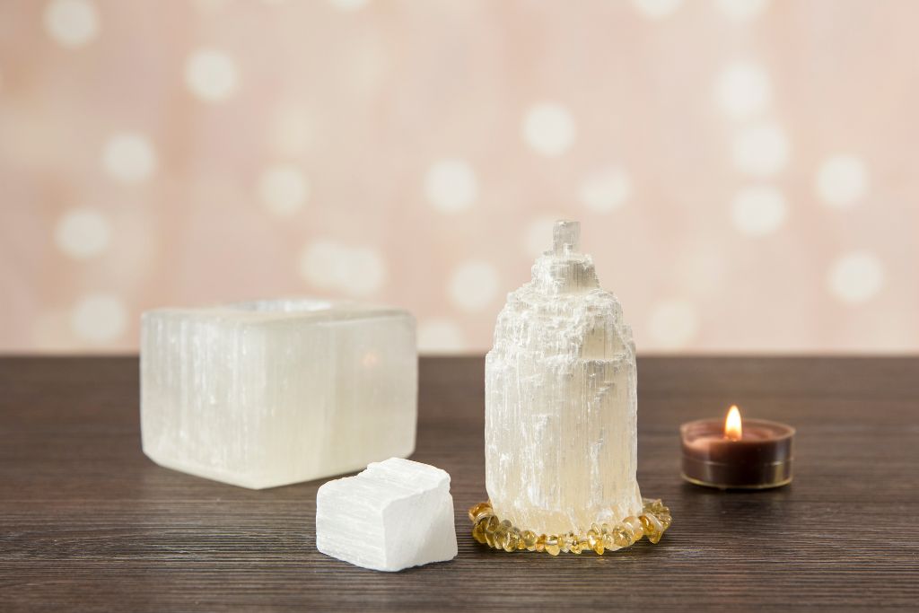 Different cuts of Selenite Crystal on the table