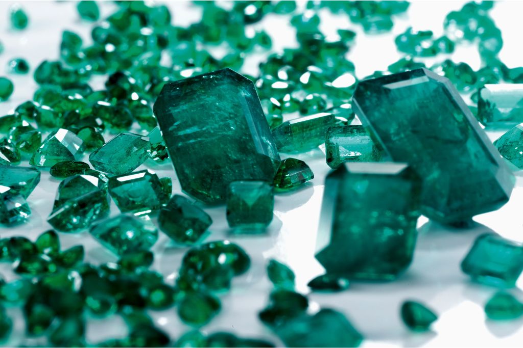 Pieces of Emerald on a white background