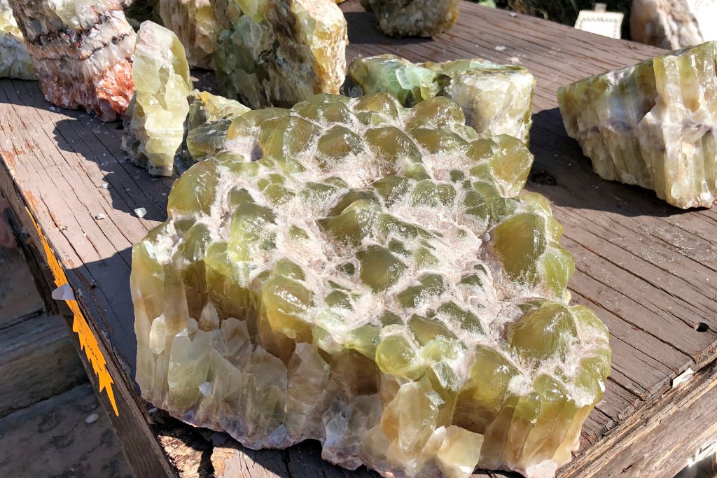 Green Calcite Crystals on a table