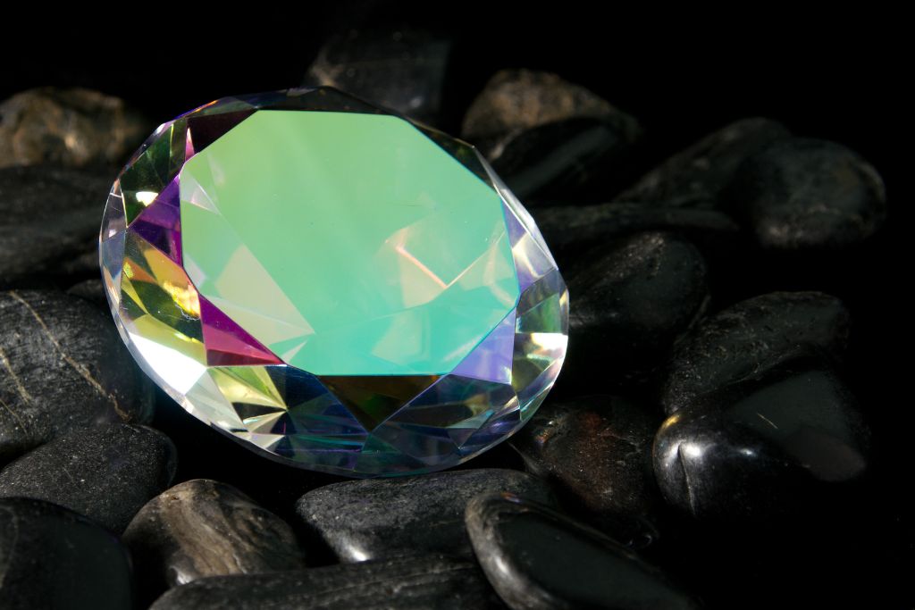 round shaped Mystic Topaz placed above black rocks